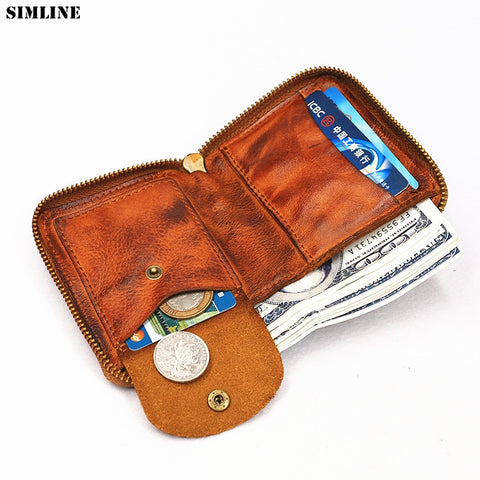 2020 Genuine Leather Wallet For Women Men Vintage Handmade Short Small Bifold Zipper Wallets Purse Female Male With Coin Pocket image