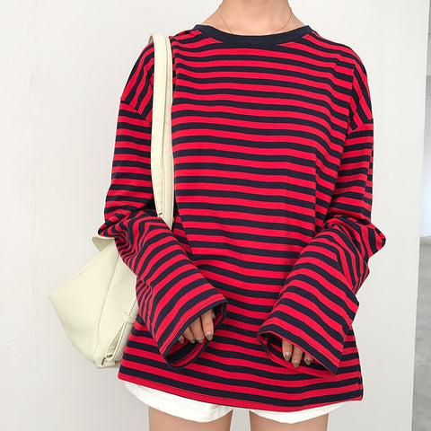 2021 New Vintage Fashion Basic Loose Casual Striped All Match Simple Long Sleeve Female T-shirts image