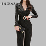 2019 New arrival High quality Spring Elegant rompers womens jumpsuit Black Striped High Waist Long Jumpsuit