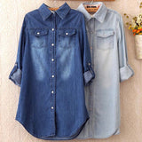 2019 Autumn Female Denim Long Shirts Feminina Women Casual Cotton Jean Blouse Women&#39;s Tops Turn-down Pockets S-3XL