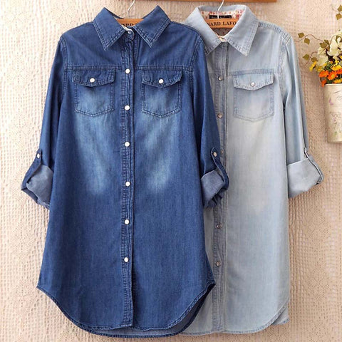 2019 Autumn Female Denim Long Shirts Feminina Women Casual Cotton Jean Blouse Women's Tops Turn-down Pockets S-3XL image