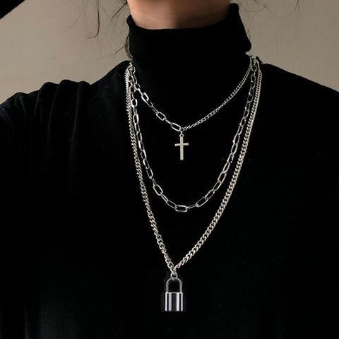 2020 Fashion Unisex Multilayer Hip Hop Long Chain Necklace For Women Men Jewelry Gifts Key Cross Pendant Necklace Accessories image