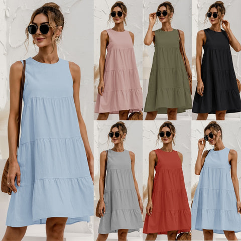 2022 Summer Women Vest Dress Cotton O-Neck Sleeveless Solid Midi Dress Stitching Large Swing Casual Loose Sundress Vestidos image