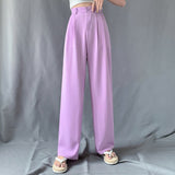 170-175cm Autumn Wide Leg Pants Women Elastic Waist Pants Elegant Office Ladies Khaki Trousers Plus Length Purple Gray