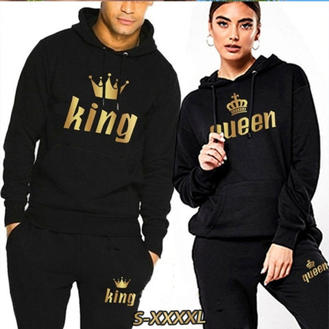 2021 Fashion Couple Sportwear Set KING or QUEEN Printed Hooded Suits 2PCS Set Hoodie and Pants S-4XL image