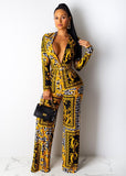 2020 popular vintage print lady jumpsuits full sleeve sexy deep v-neck rompers wide leg pants vintage fashion jumpsuits