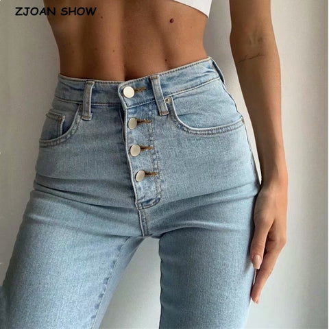 2020 Vintage Skinny Four Buttons High Waist Pencil Jeans Women Slim Fit Stretch Denim Pants Full Length Denim Tight Trousers image