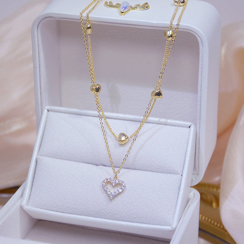 14k Real Gold Double layer Heart Necklace Shining Bling AAA Zircon Women Clavicle Chain Elegant Charm Wedding Pendant Jewelry image