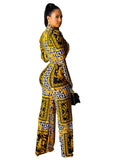 2020 popular vintage print lady jumpsuits full sleeve sexy deep v-neck rompers wide leg pants vintage fashion jumpsuits