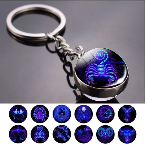 12 Constellation Keychain Fashion Double Side Cabochon Glass Ball Keychain Zodiac Signs Jewelry For Men For Women Birthday Gift image