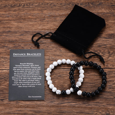 2Pcs/Set Couples Distance Bracelet Classic Natural Stone White and Black Yin Yang Beaded Bracelets for Men Women Best Friend Hot image