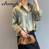 2021 New Spring Fashion Button Up Satin  Faux Silk Shirt Vintage Blouse Women White Lady Long Sleeves Female Loose Street Shirts