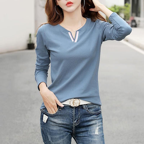 2021 V Neck 100% Cotton T Shirt Woman Spring Fashion Long Sleeve Shirt Women's T-shirt Loose Korean Style Plus Size Women Shirts image