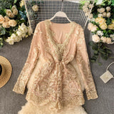 2019 Hollow Hook 3D Flower Lace V-neck Long-sleeved Waist-thin Wide-legged Playsuits Women Elegant Jumpsuits Overalls J841