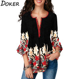 2020 New Summer Print Blouse Women  Cloting O-neck 3/4 Sleeve Shirts Ladies Casual Loose Plus Size Tops For Women