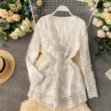 2019 Hollow Hook 3D Flower Lace V-neck Long-sleeved Waist-thin Wide-legged Playsuits Women Elegant Jumpsuits Overalls J841