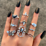 6Pcs Vintage Gothic Butterfly Angle Flower Multi Element Ring Set For Women Men Retro Personality Finger Ring Gifts vintage style and punky