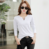 2021 V Neck 100% Cotton T Shirt Woman Spring Fashion Long Sleeve Shirt Women&#39;s T-shirt Loose Korean Style Plus Size Women Shirts