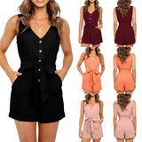 2021 Jumpsuit Women Off Shoulder Casual Solid Summer Sleeveless Mid Waist Button Belt V-neck Strapless Sexy Jump Suit Clothes