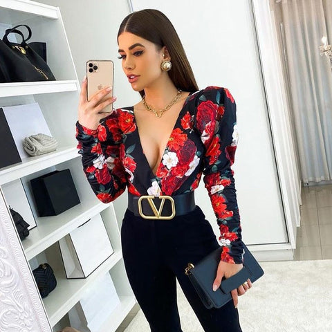 2021 Spring Elegant Boho Print Bodysuits Rompers Women Jumpsuits Puff Sleeve Skinny Sexy V-neck Bodies Ladies Casual Overalls image