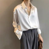 2021 New Spring Fashion Button Up Satin  Faux Silk Shirt Vintage Blouse Women White Lady Long Sleeves Female Loose Street Shirts