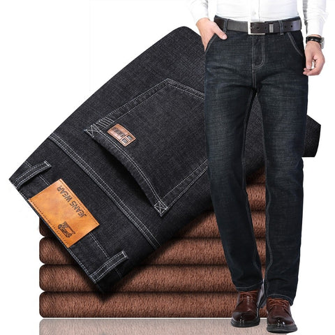 2020 For Cold  Slim Fit Stretch Thick Velvet Pants Warm Jeans Casual Grey  Fleece  Winter Jeans Men Black Elasticity Grey Jean image