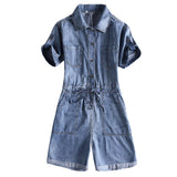 2020 Summer Women Overalls High Waist Drawstring Jean BF Loose Leg Playsuit Lapel Pocket Shorts Jumpsuit Denim Casual Streetwear