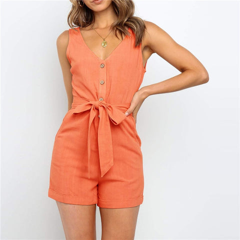 2021 Jumpsuit Women Off Shoulder Casual Solid Summer Sleeveless Mid Waist Button Belt V-neck Strapless Sexy Jump Suit Clothes image