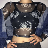 2020 Women Sexy Harajuku Mesh Tops Long Sleeve See Through T Shirt Transparent Sun Moon Star Print T-shirt Femininas Clubwear