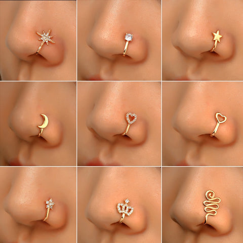 1Pc Copper Fake Piercing Nose Ring Heart Star Crown Clip On Nose Ear Clip Cuff Earring For Women Girl Gift Body Jewelry nariz image