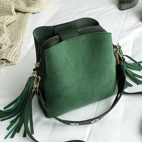 2020 New Fashion Scrub Women Bucket Bag Vintage Tassel Messenger Bag High Quality Retro Shoulder Bag Simple Crossbody Bag Tote image