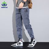 2021 Autumn Loose Men&#39;s Jeans Text embroidery Baggy Elastic Waist Harlan Cargo Jogger Brand Trousers Male Grey Large Sizes M-8XL