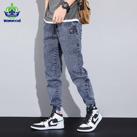 2021 Autumn Loose Men's Jeans Text embroidery Baggy Elastic Waist Harlan Cargo Jogger Brand Trousers Male Grey Large Sizes M-8XL image