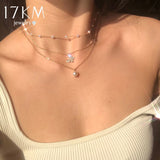 17KM Trendy Multilayered Butterfly Pearl Necklace For Women Fashion Sun Star Gold Pearl Choker Necklaces 2021 Trend