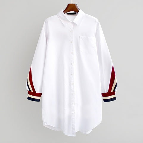 2021 White Loose Button Up Stripe Bandage Shirts Women Blouses Turn-Down Collar Woven Long Sleeve Plus Size Ladies Tops image