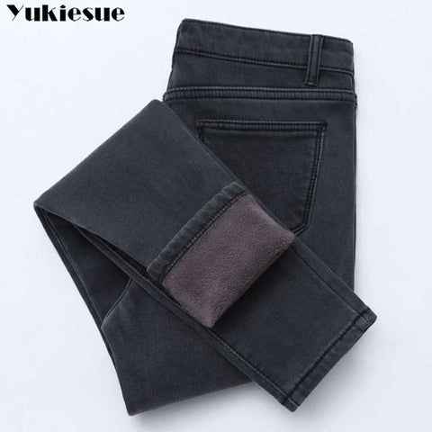 2019 Winter Jeans Women Gold Fleeces Inside Thickening Denim Pants High Waist Warm Trousers Female jeans woman Pants Plus size image