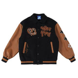 2021 Retro Leather Stitching Baseball Uniform Jacket Female Autumn Winter Couple Embroidered Long Sleeve Hip Hop Bomber Jacket