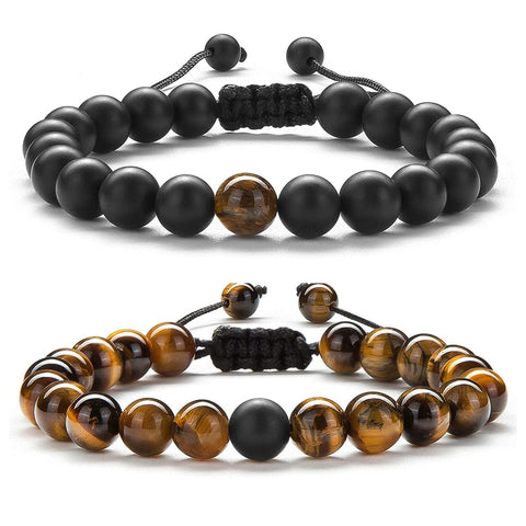 2pcs/set Bead Bracelet Natural Tiger Stone Charm Onyx Beaded Couple Distance Bracelets for Women Men Friend Gift Stretch image