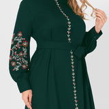 2022 New Summer Dress Woman Plus Size Dark Green Resort Stand Collar Floral Embroidery Long Sleeve Loose Sashes Elegant Robes