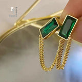 2021 New Classic Geometric Rectangle Green Crystal Stainless Steel Chain Tassel Earrings Girl&#39;s Unusual Accessories For Woman