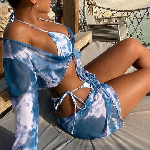 4 Piece Tie Dye Bikini Ladies Split Swimsuit Swimwear Women 2020 Mesh Push Up Vikini Sexy Girl Buttocks Swimmwear Bathing Suit image