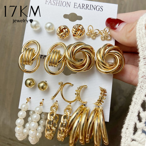 17KM Vintage Geometric Gold Metal Earrings Set For Women Punk Pearl Dangle Drop Earrings 2021 Trend Set of Earrings Jewelry Round trendy image