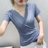 5XL Women lace tops New Arrivals 2020 Summer short sleeve v-neck women blouse shirt Sexy Hollow out lace tops plus size blusas