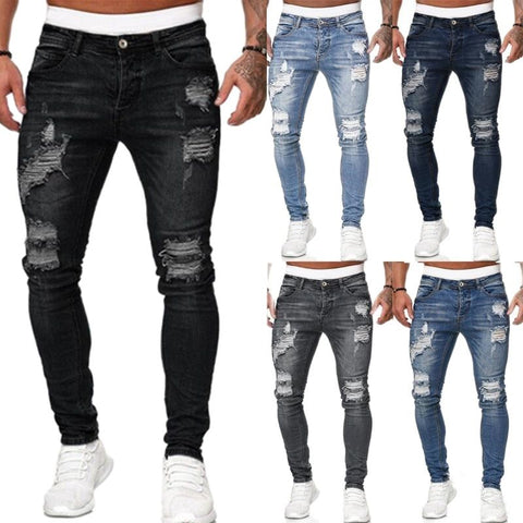 2022 Jeans Men Ripped Skinny Hole Trousers Stretch Slim Denim Pants Large Size Hip Hop Black Blue Casual Jogging Jeans for Men image