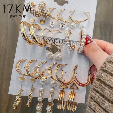 17KM Fashion Pearl Hoop Earrings Set For Women Geometirc Gold Metal Circle Hoop Earrings Brincos 2021 Trend Jewelry Gift image