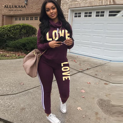 2020 Plus Size 2 Piece Set Women Outfit LOVE Letter Print High Neck Hoodies Sweatshirt Pants Tracksuit Streetwear Casual Suit image