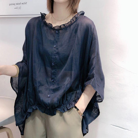 2020 Summer New Arts Style Women Batwing Sleeve Loose Shirts Vintage Cotton Linen  Casual Blouses Big Size Femme Blusas M145 image