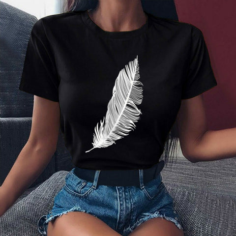 2022 Women Casual Harajuku Fashion T-shirt Feather Print Loose O-neck Short Sleeve Elastic Stretched Summer Home New Tee Shirt image