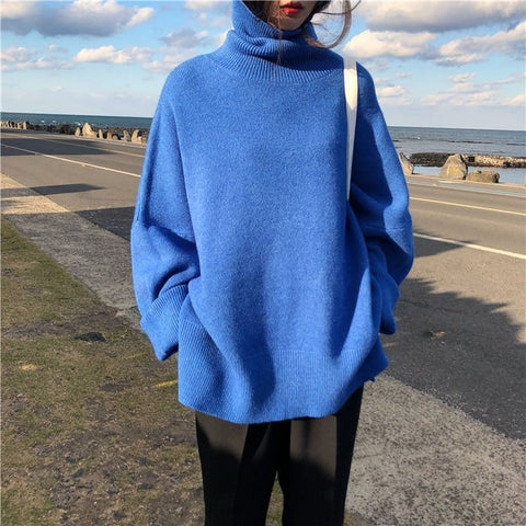 2021 Turtleneck Collar Sweater Women Spring Autumn Solid Knitting Pullovers Oversize Basic Black Blue White Jumper pull femme image