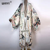 2021 WINYI traf Cotton Bikini Sweet Lady Pink Boho Print Self Belted Front Open Long Kimono Dress Beach Tunic Women Wrap Dresses